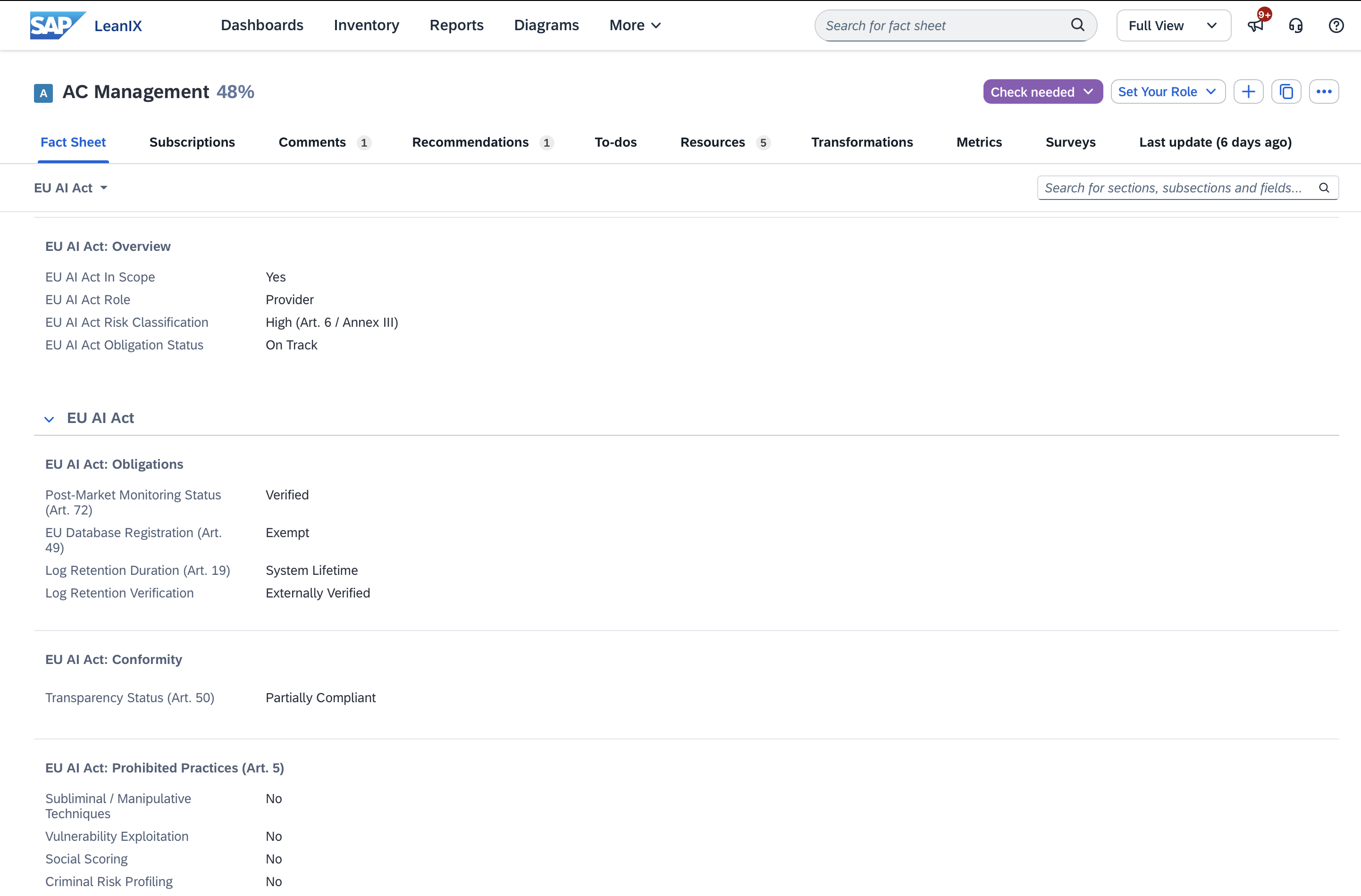 Screenshot of EU AI Act Management