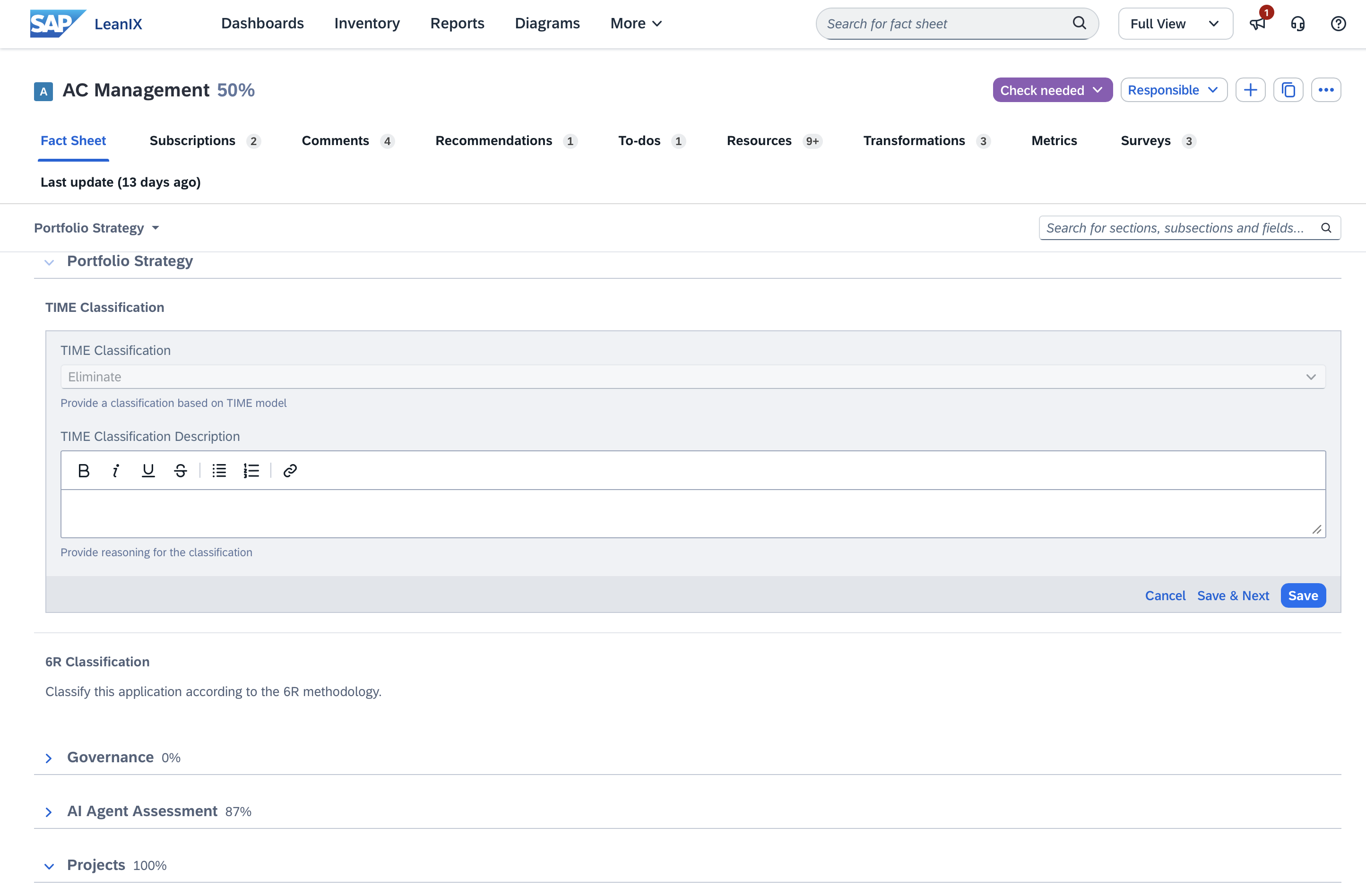 Screenshot of Gartner TIME Assessment