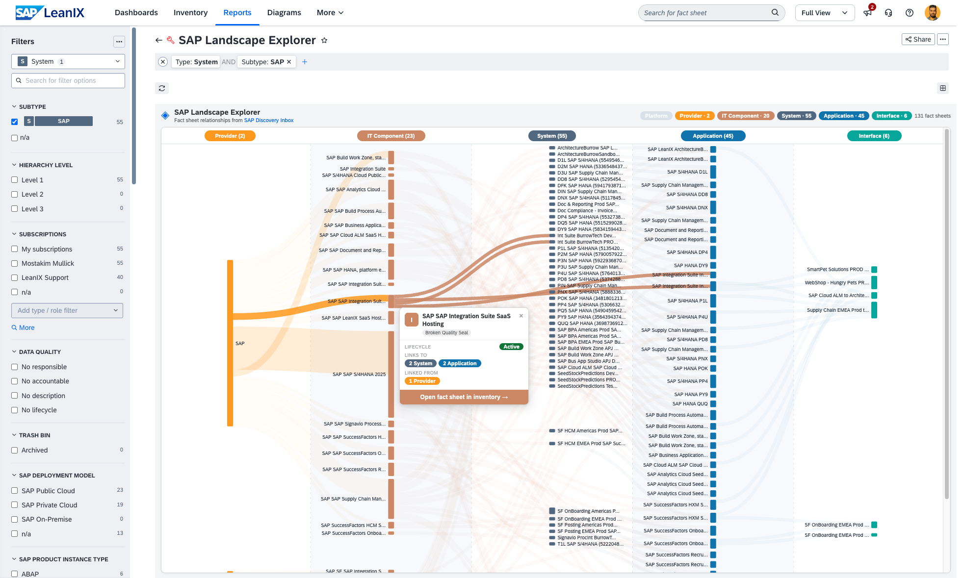 Screenshot of SAP Landscape Explorer (Sankey View)