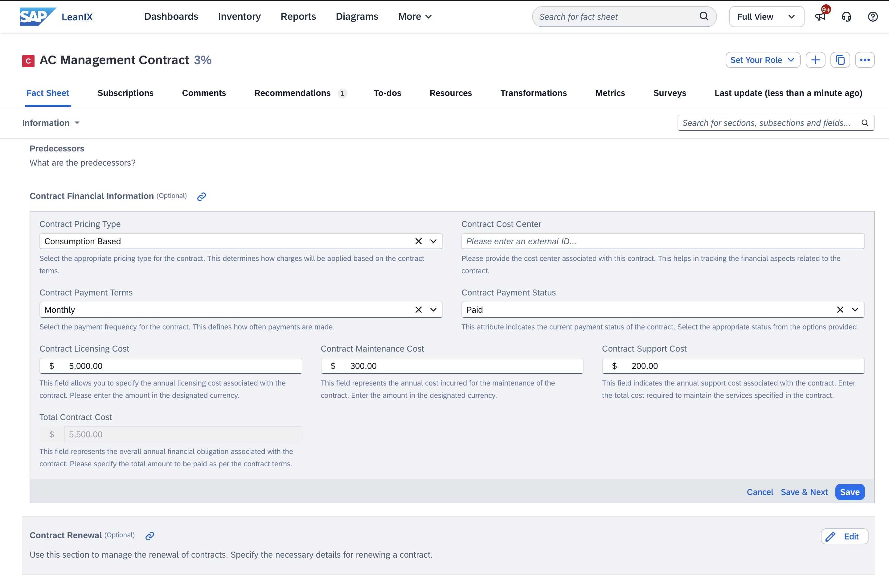 Screenshot of Contract Total Cost of Ownership