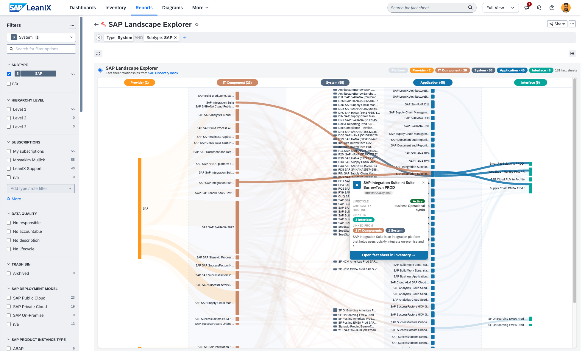 Screenshot of SAP Landscape Explorer (Sankey View)