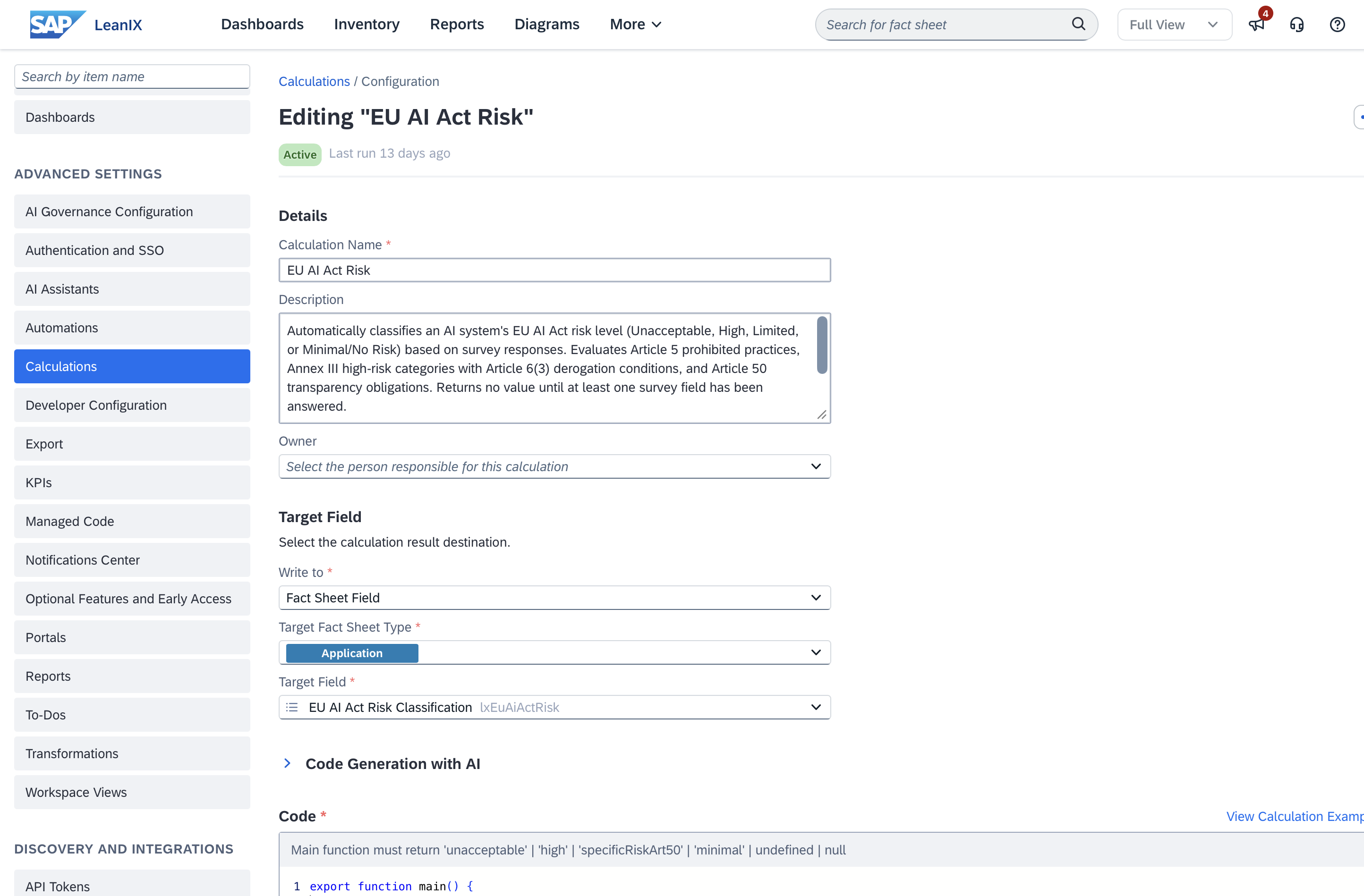 Screenshot of EU AI Act Management