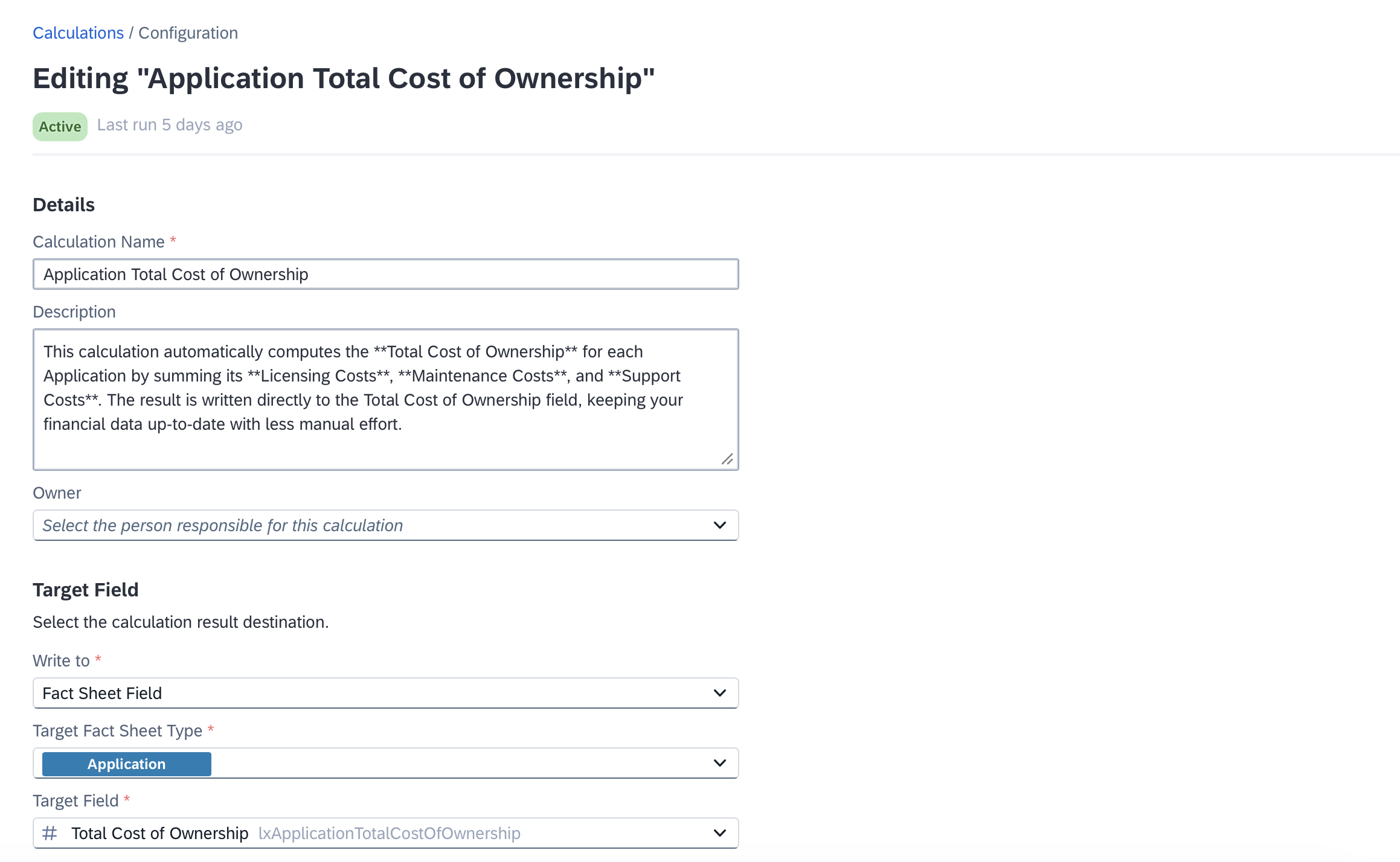 Screenshot of Application Total Cost of Ownership