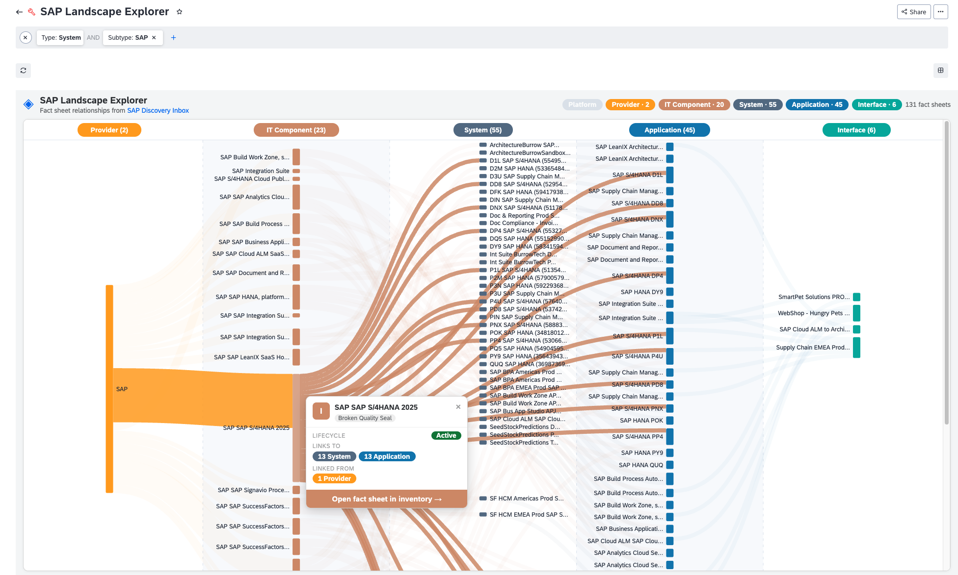 Screenshot of SAP Landscape Explorer (Sankey View)