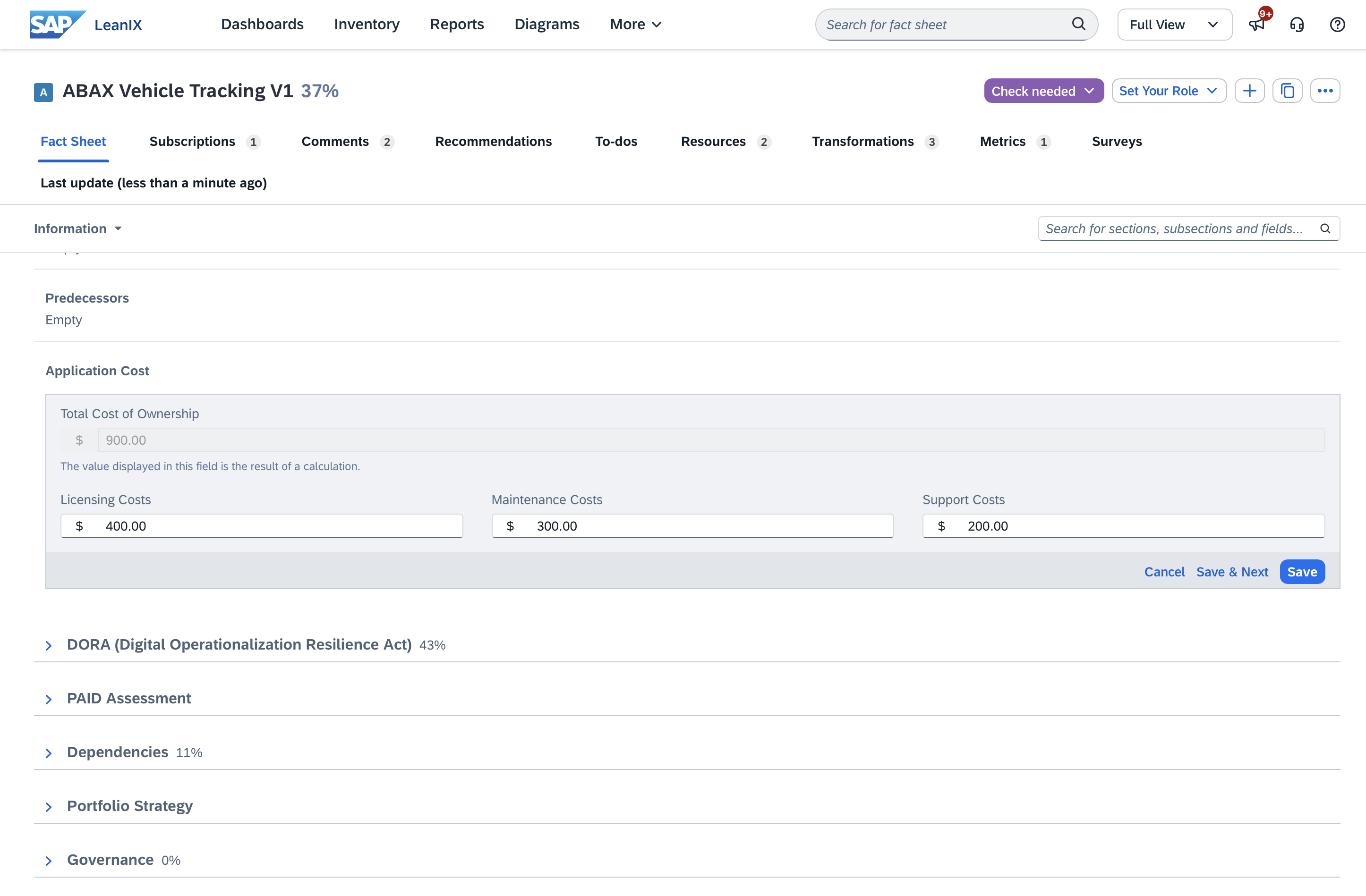 Screenshot of Application Total Cost of Ownership