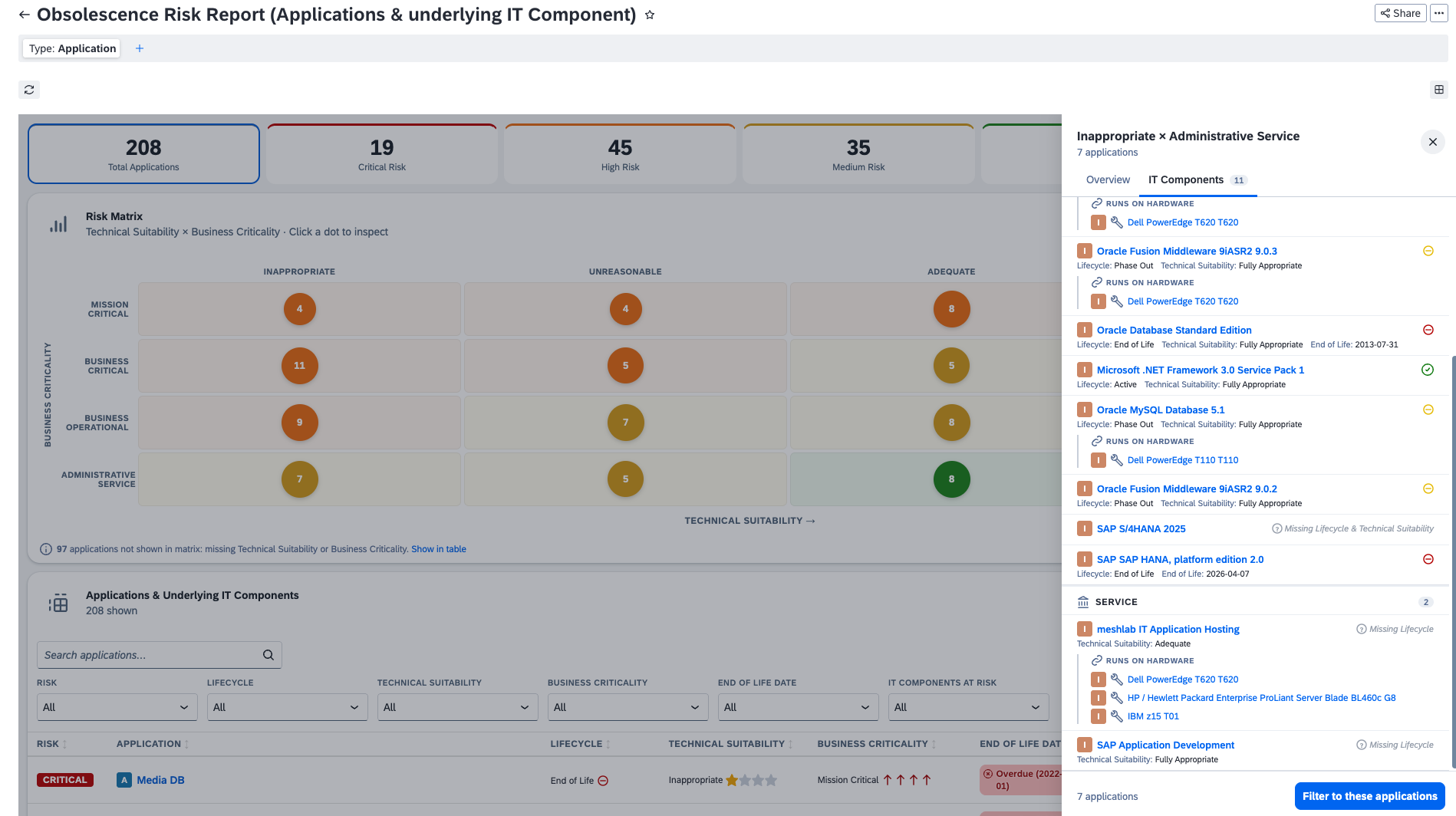 Screenshot of Obsolescence Risk Report (Applications & underlying IT Component)