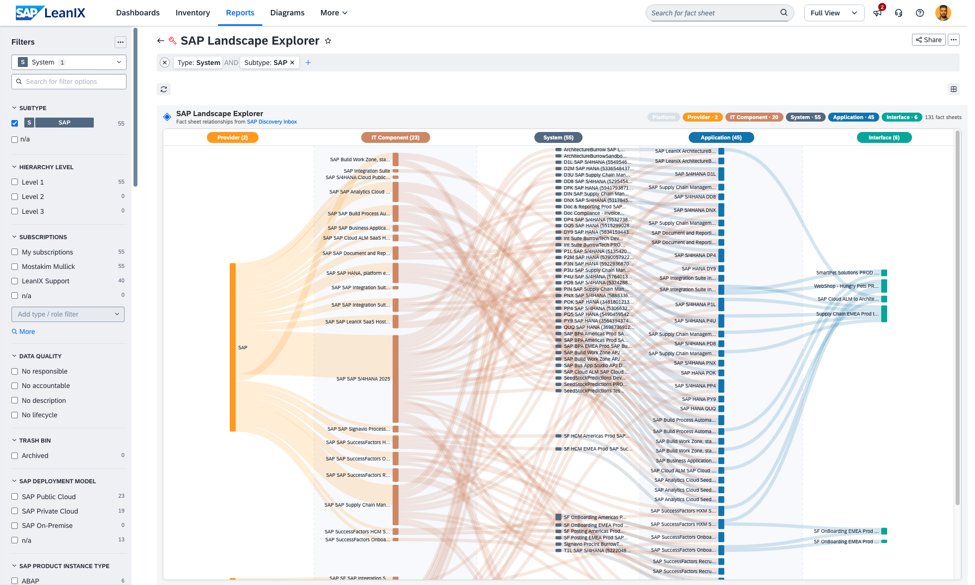Screenshot of SAP Landscape Explorer (Sankey View)